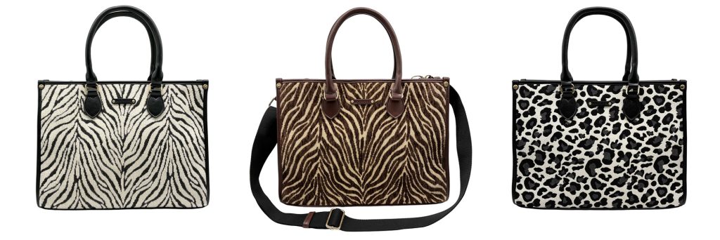 ROOTOTE 3747 LT.ミディアム.ジャガード-Aのトートバッグ。ブラックゼブラ、ブラウンゼブラ、ブラックレオパードのジャカード柄